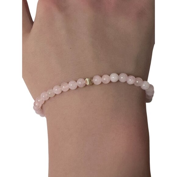 Gemstones Rose Quartz Mini 4mm Stretchable Bracelet 14k Gold Corrugated Bead - Picture 6 of 6